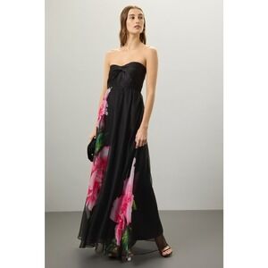 One33 Social Chiffon Strapless Gown Black Floral Pleated Maxi Dress Sz 2